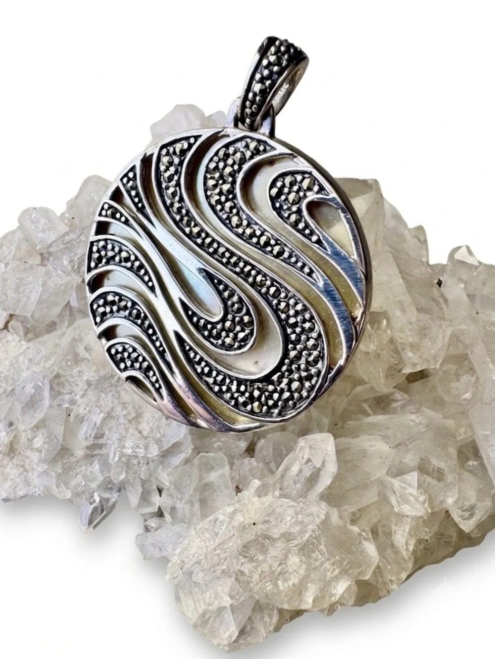THALA 925 Sterling Silver Marcasite & Mother of Pearl Swirl Pendant Necklace